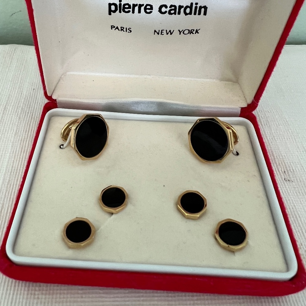 Vintage Pierre Cardin Black Enamel Octagon and Gold Cuff Link and Stud Set